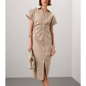 Saunders Khaki Beige Midi Shirt Dress SIZE 10 Ruched Career Cotton Designer $335